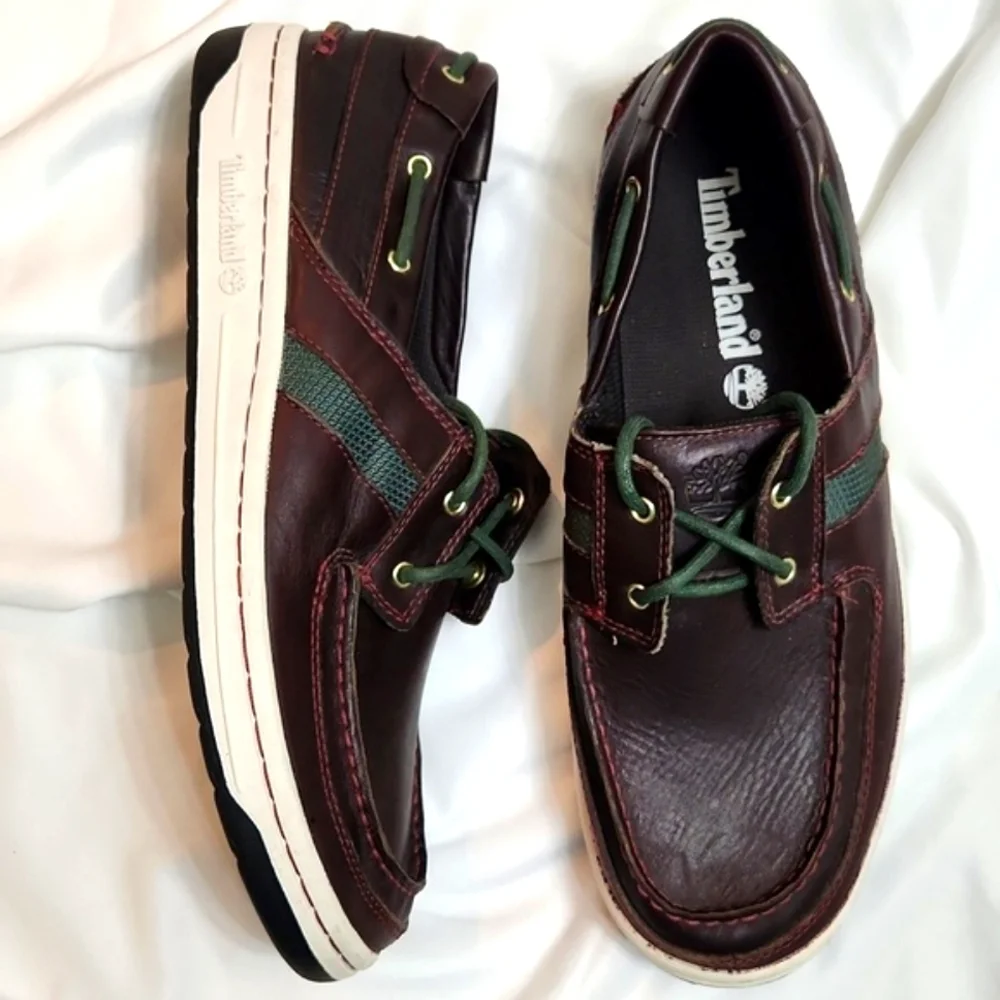 Timberland Classic 2 Eyed Brown Green Leather Boat Shoes (M Size 10.5)